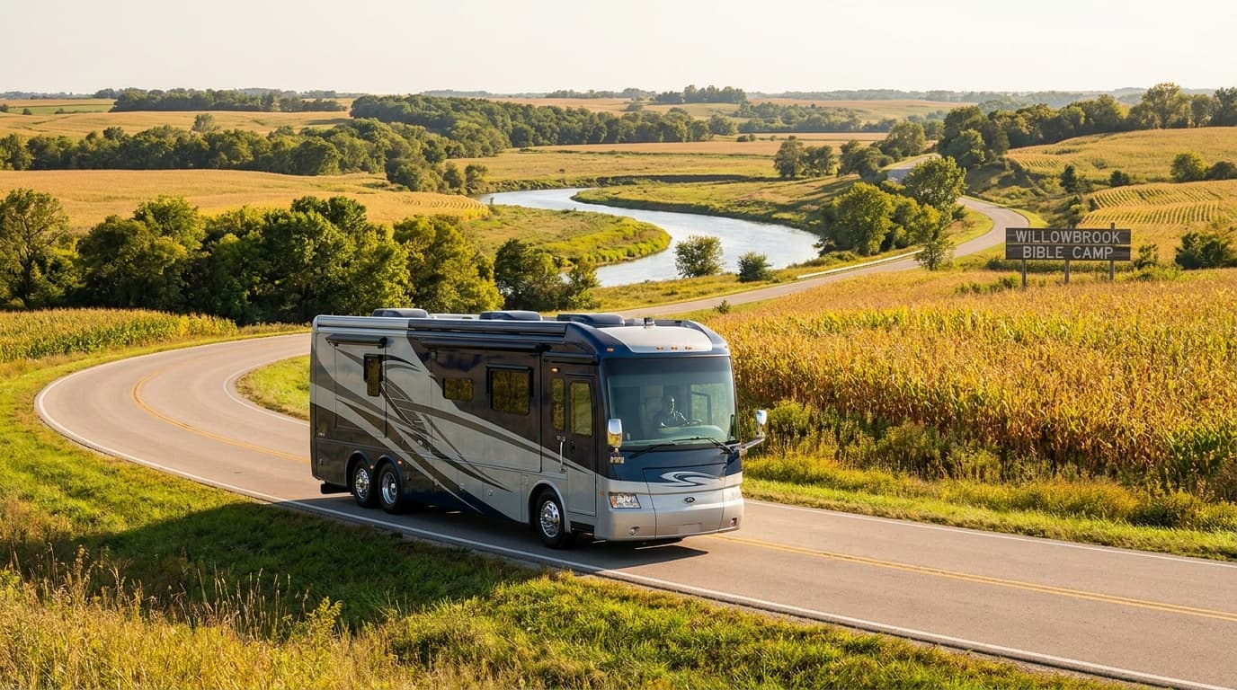 A motorhome traveling through the rolling farmland and river country of Iowa near Des Moines, Iowa in peak season