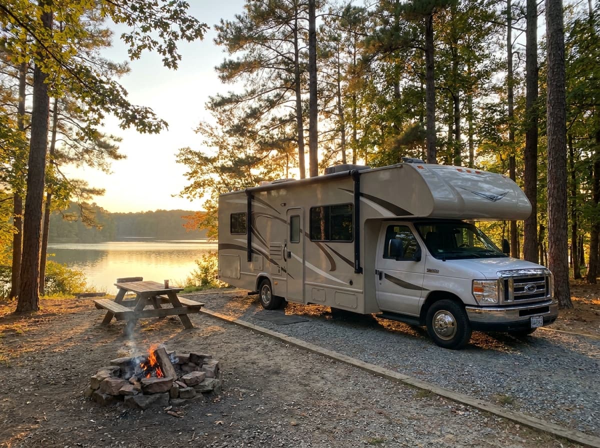 A Class C RV at a campground near Durham, North Carolina in the rolling pine woods and lakes of the North Carolina Piedmont