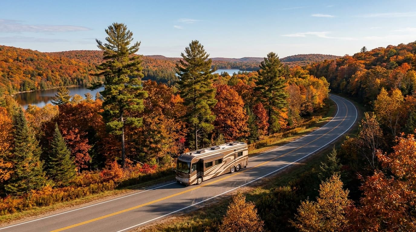 A motorhome traveling through the rolling pine woods and lakes of the North Carolina Piedmont near Durham, North Carolina in peak season
