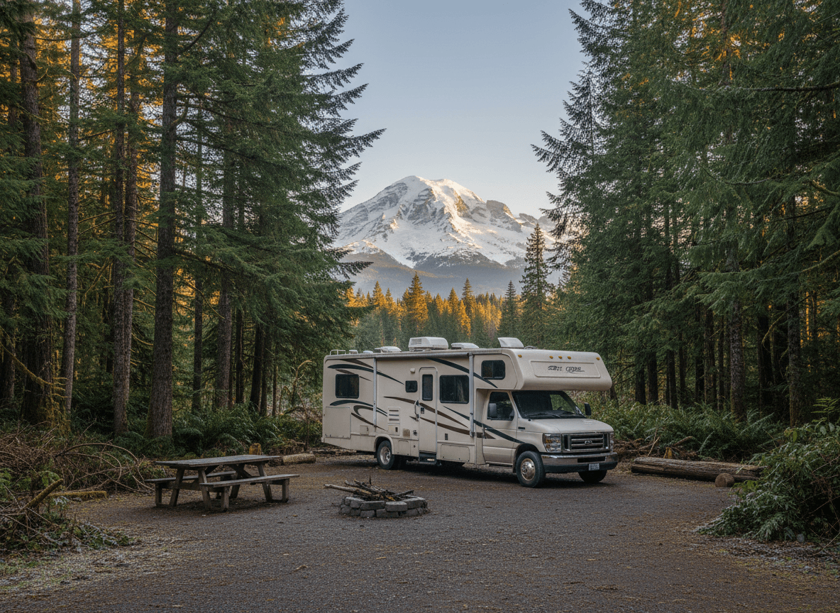 A Class C RV at a campground near Eatonville, Washington in the evergreen forests and snow-capped peaks of the Pacific Northwest