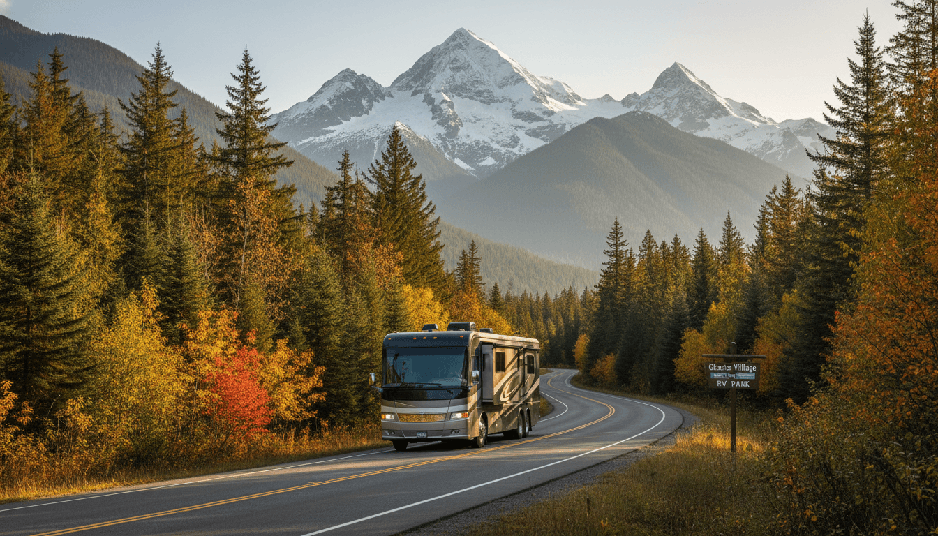 A motorhome traveling through the evergreen forests and snow-capped peaks of the Pacific Northwest near Eatonville, Washington in peak season