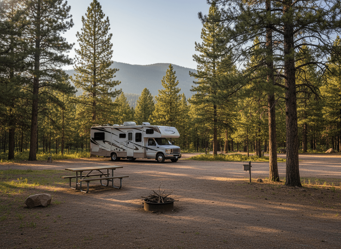 A Class C RV at a campground near Estes Park, Colorado in the Rocky Mountain foothills and pine forest of Colorado
