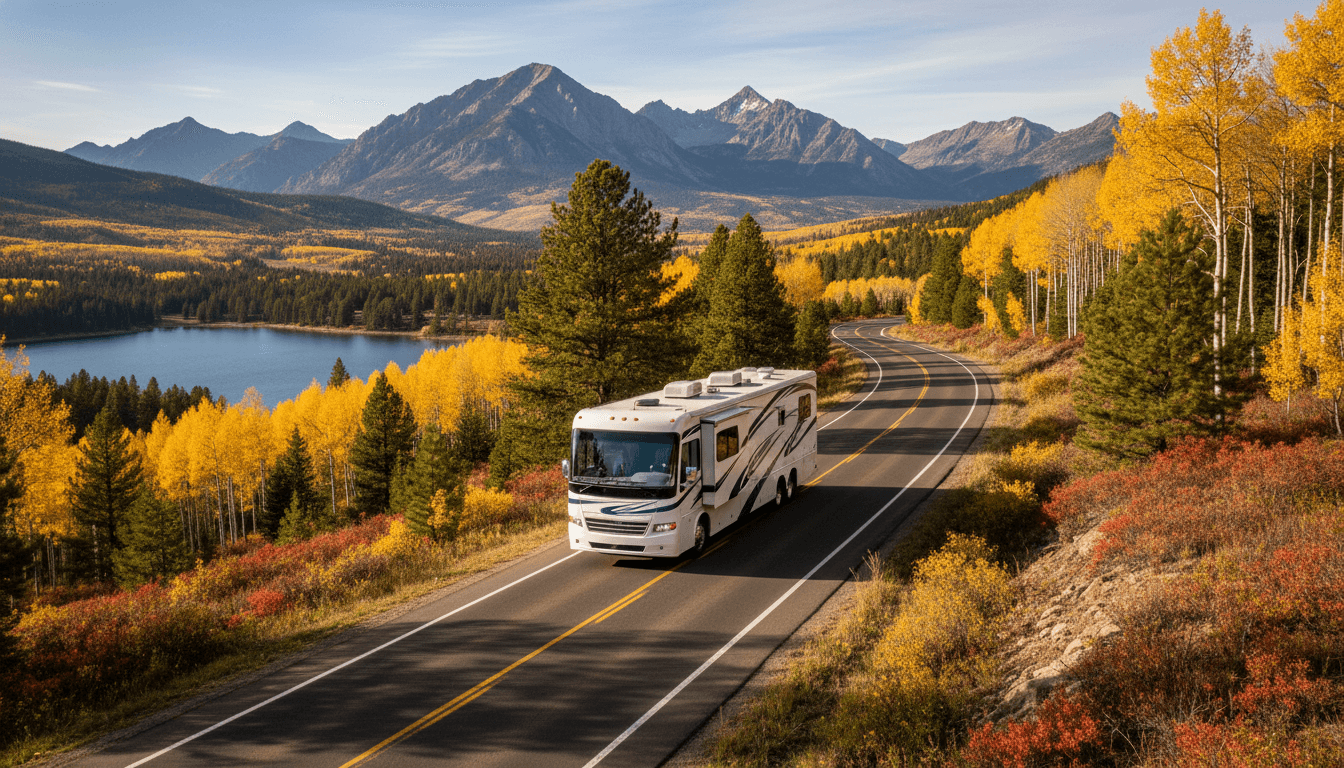 A motorhome traveling through the Rocky Mountain foothills and pine forest of Colorado near Estes Park, Colorado in peak season