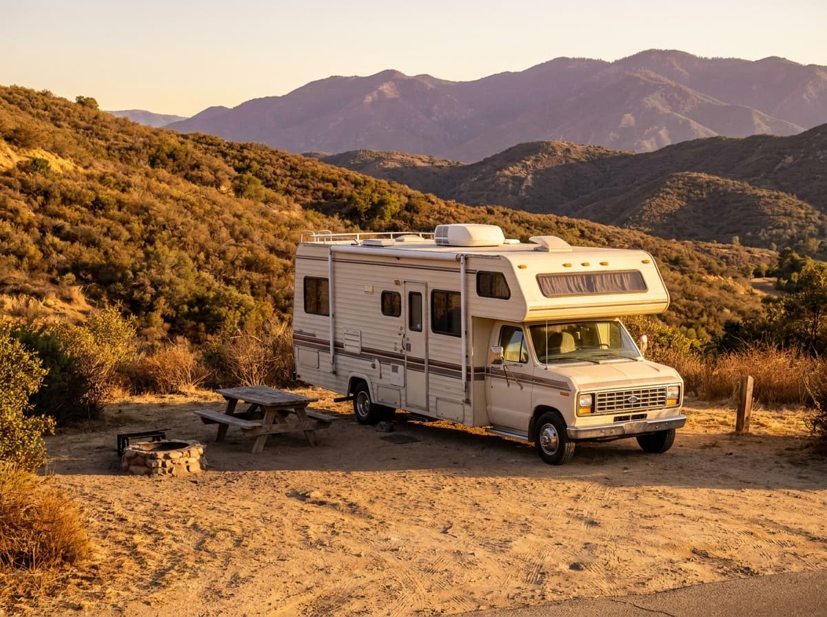 A Class C RV at a campground near Fontana, California in the dry golden hills and distant mountains of California
