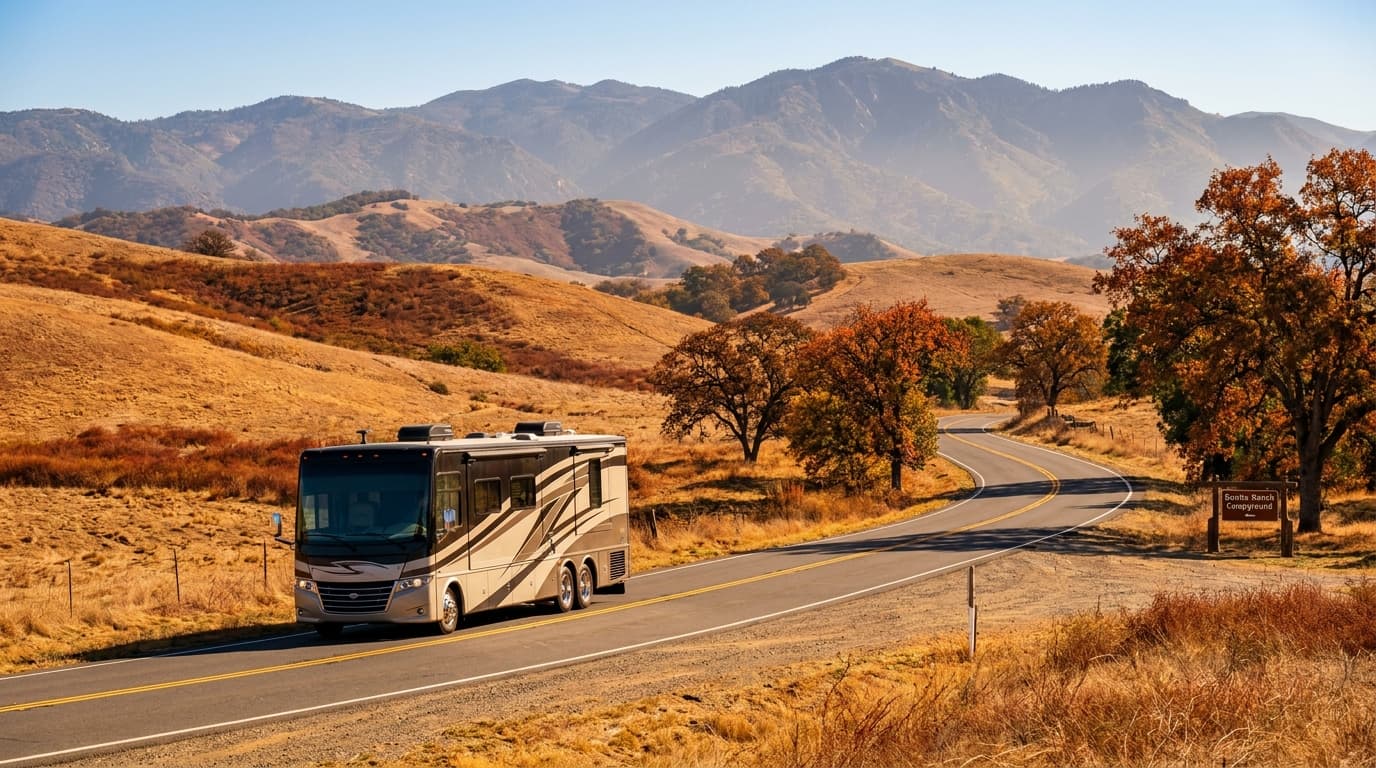 A motorhome traveling through the dry golden hills and distant mountains of California near Fontana, California in peak season
