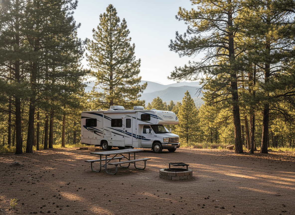 A Class C RV at a campground near Fort Collins, Colorado in the Rocky Mountain foothills and pine forest of Colorado