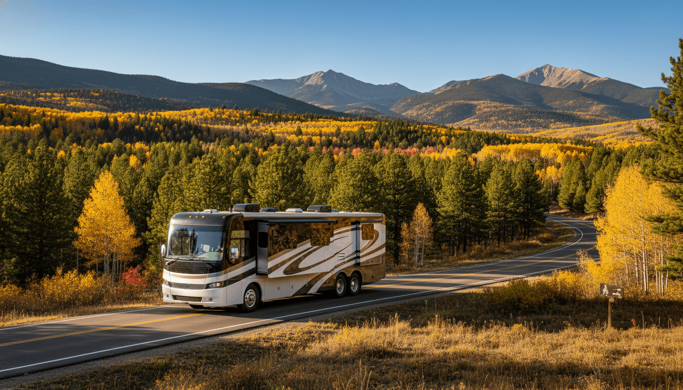 A motorhome traveling through the Rocky Mountain foothills and pine forest of Colorado near Fort Collins, Colorado in peak season