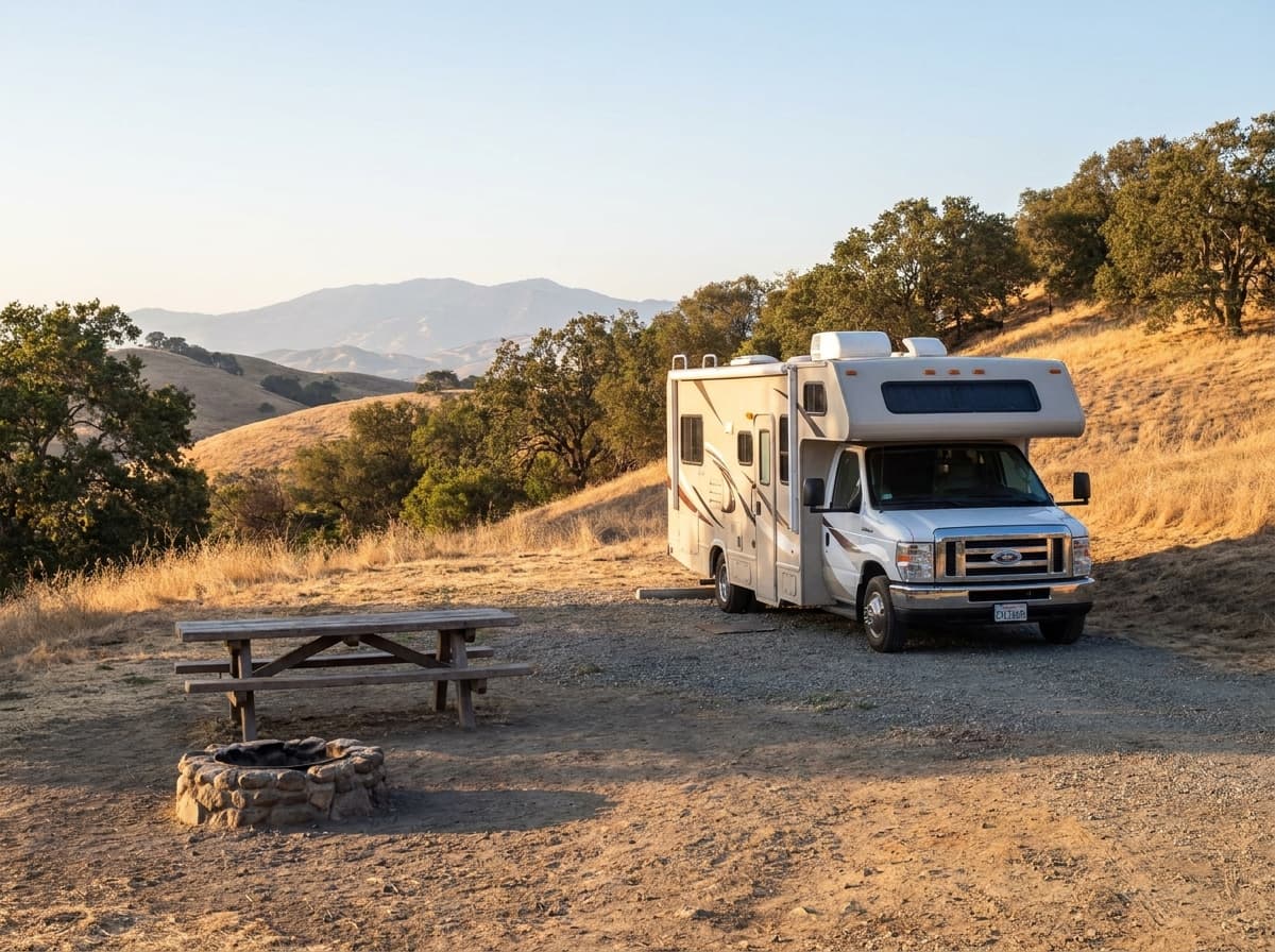 A Class C RV at a campground near Fremont, California in the dry golden hills and distant mountains of California