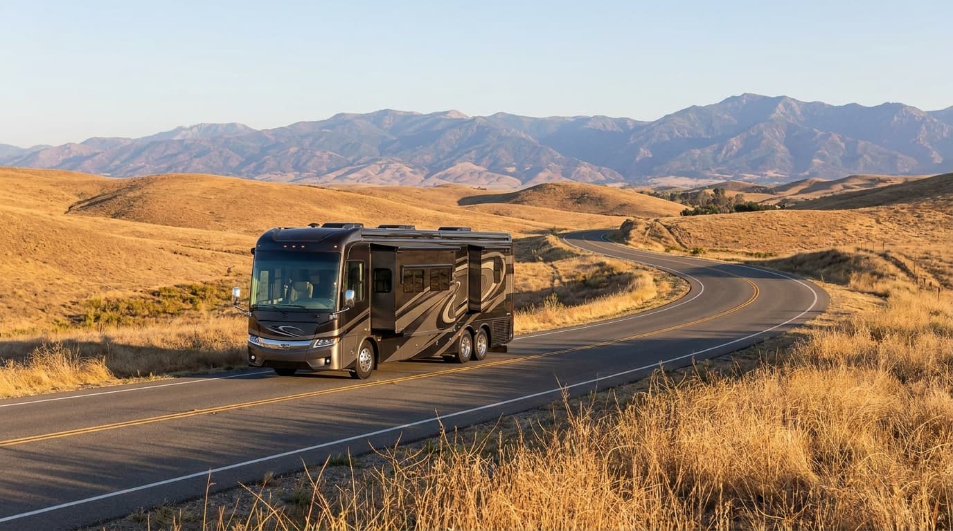 A motorhome traveling through the dry golden hills and distant mountains of California near Fremont, California in peak season