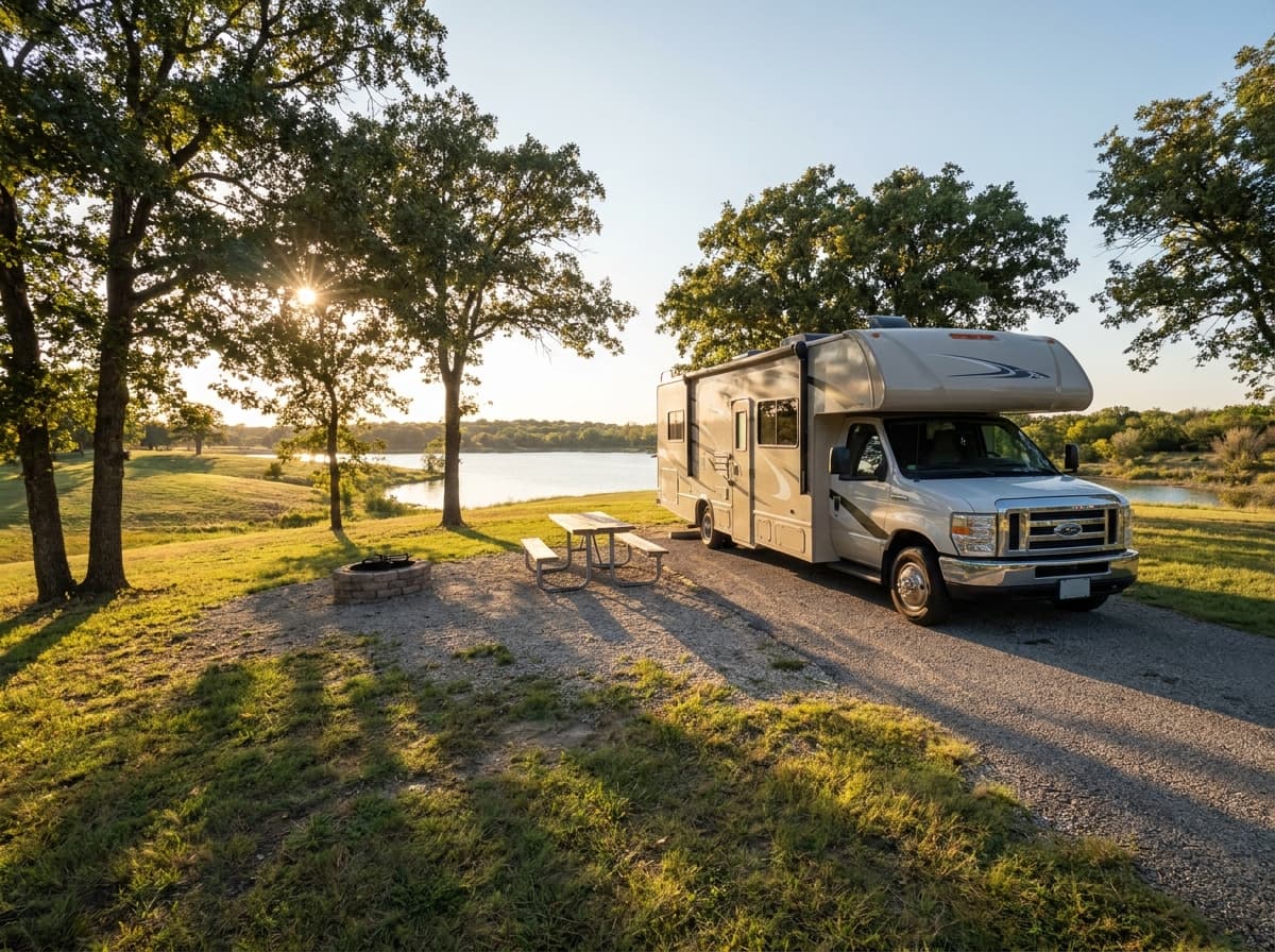 A Class C RV at a campground near Frisco, Texas in the rolling prairie, oak groves and lakes of Texas