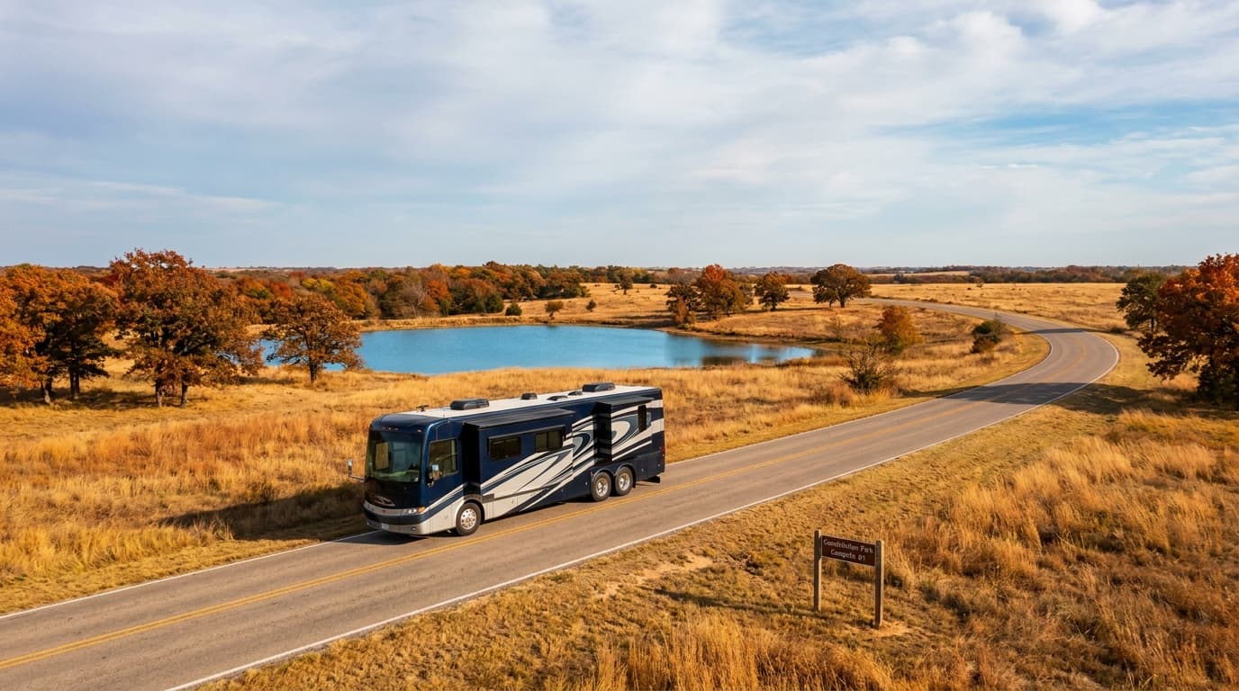 A motorhome traveling through the rolling prairie, oak groves and lakes of Texas near Frisco, Texas in peak season