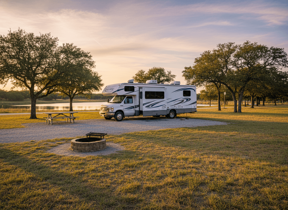 A Class C RV at a campground near Galveston, Texas in the rolling prairie, oak groves and lakes of Texas