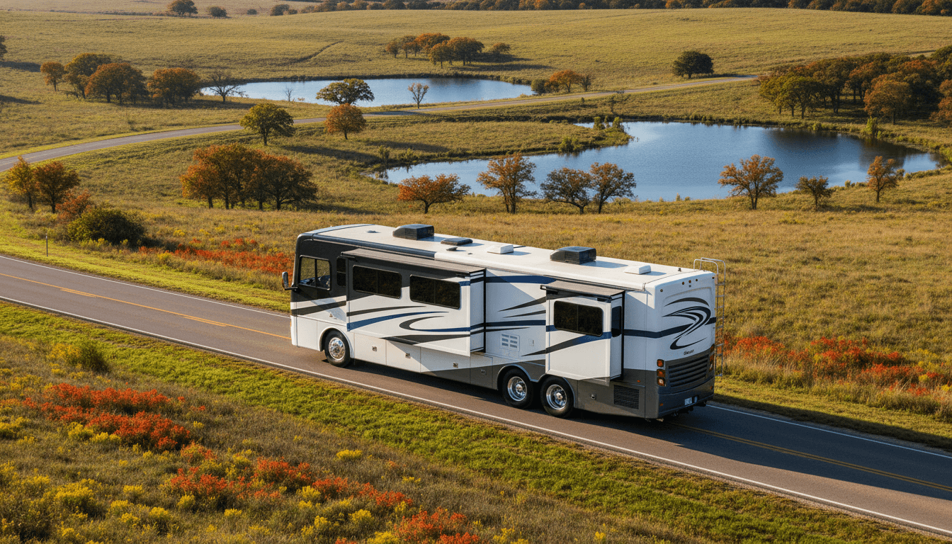 A motorhome traveling through the rolling prairie, oak groves and lakes of Texas near Galveston, Texas in peak season