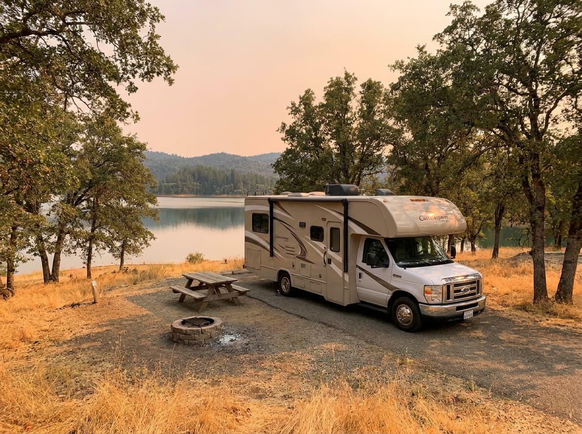 A Class C RV at a campground near Garland, Texas in the rolling prairie, oak groves and lakes of Texas