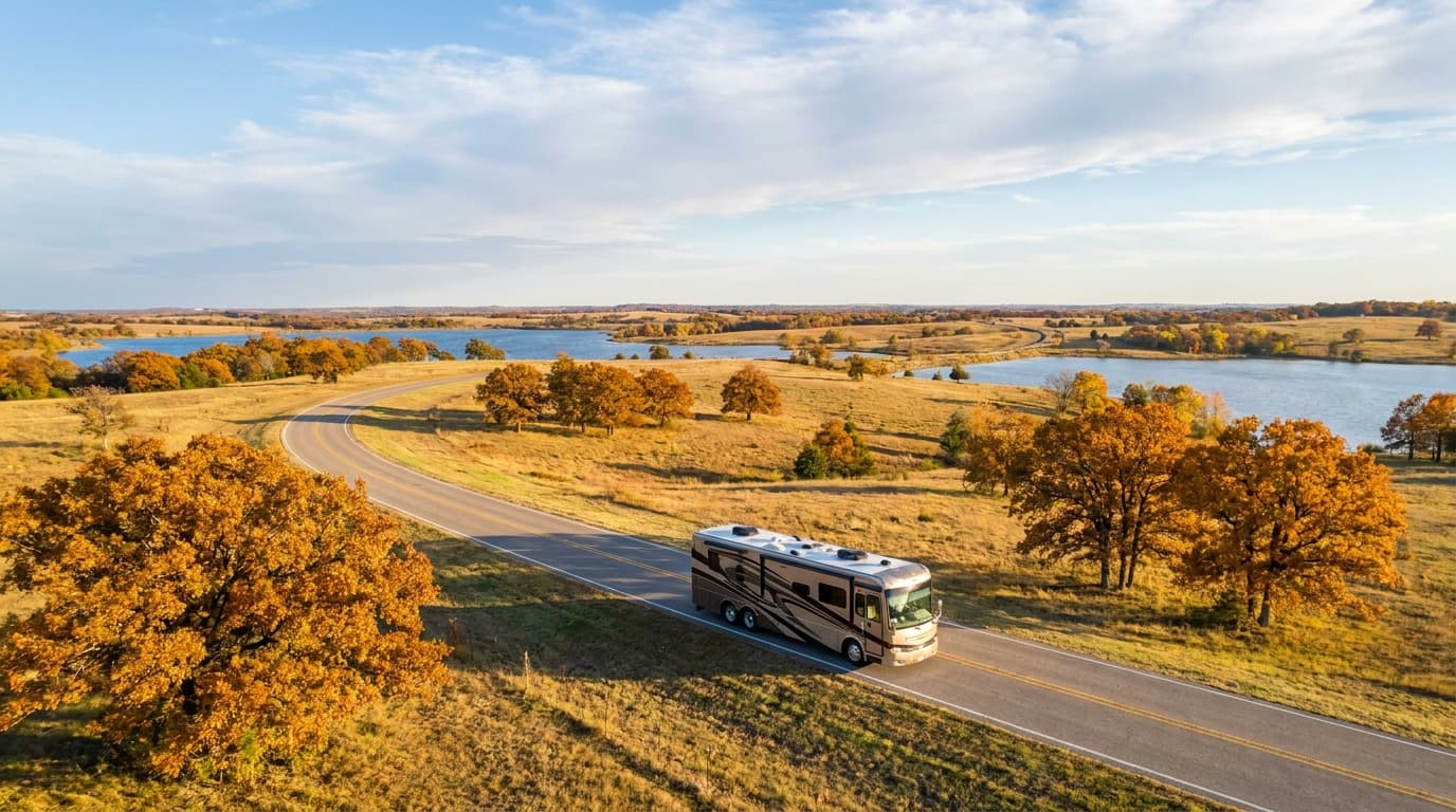 A motorhome traveling through the rolling prairie, oak groves and lakes of Texas near Garland, Texas in peak season