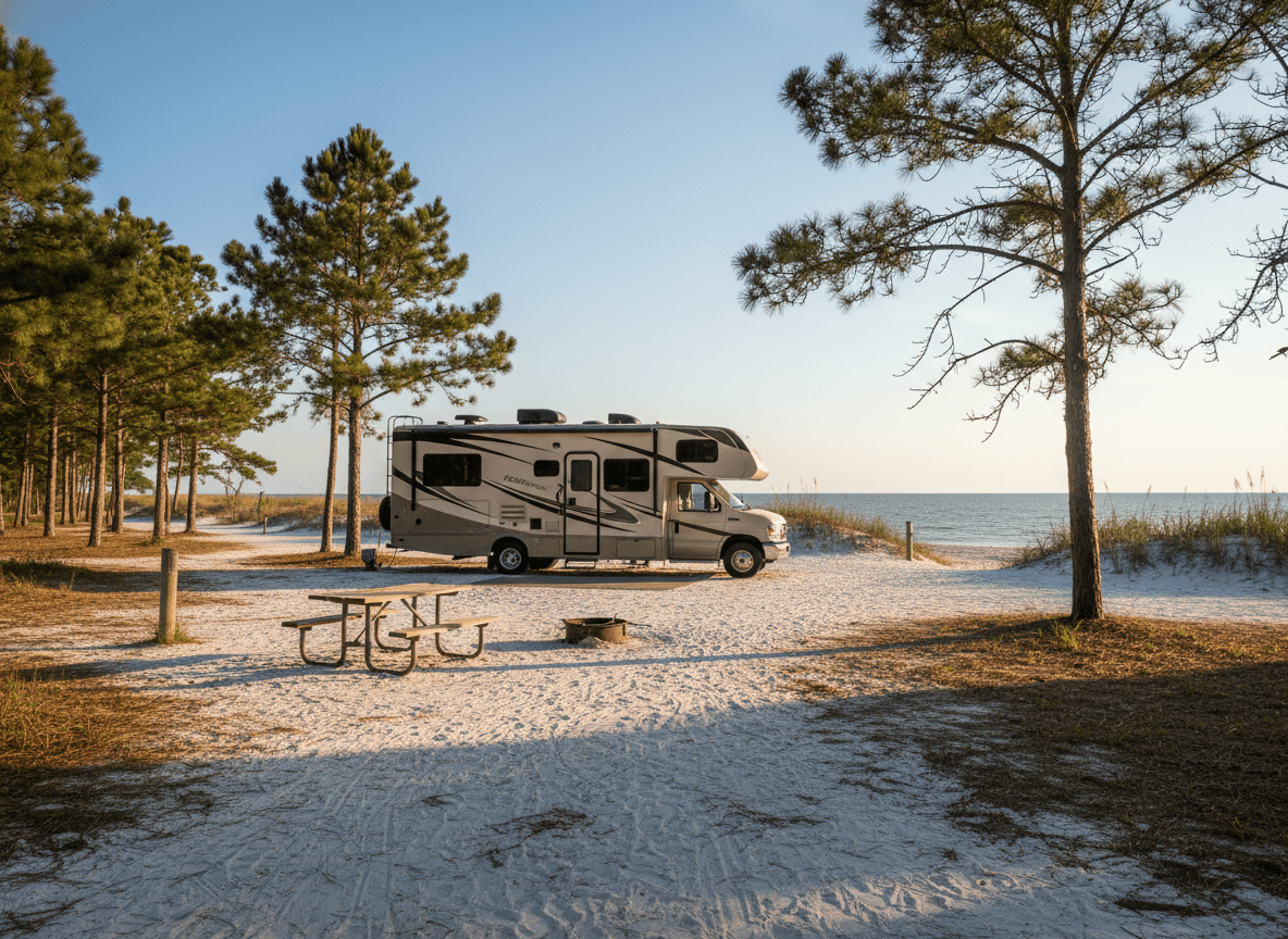 A Class C RV at a campground near Gulf Shores, Alabama in the white-sand Gulf coast and coastal pine flats of Alabama