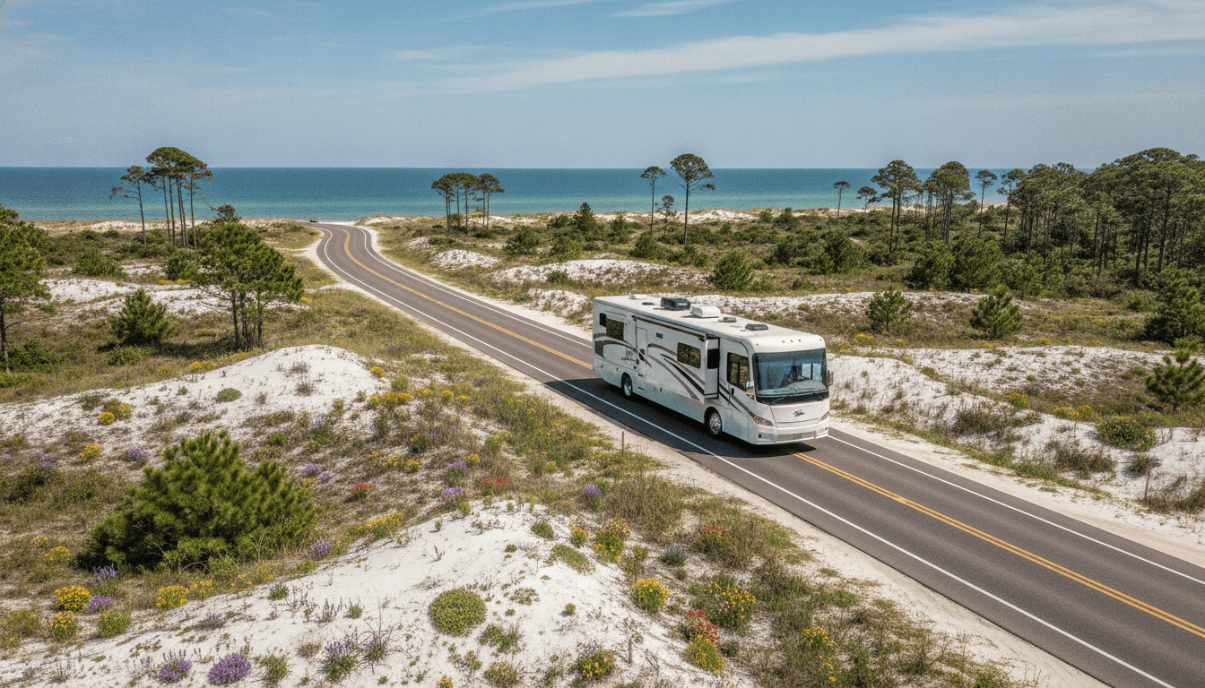 A motorhome traveling through the white-sand Gulf coast and coastal pine flats of Alabama near Gulf Shores, Alabama in peak season