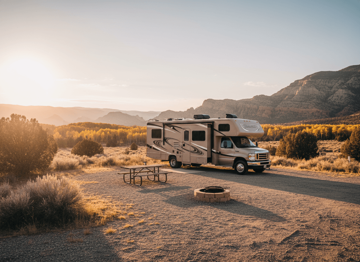 A Class C RV at a campground near Heber City, Utah in the Wasatch Mountains and high desert of Utah