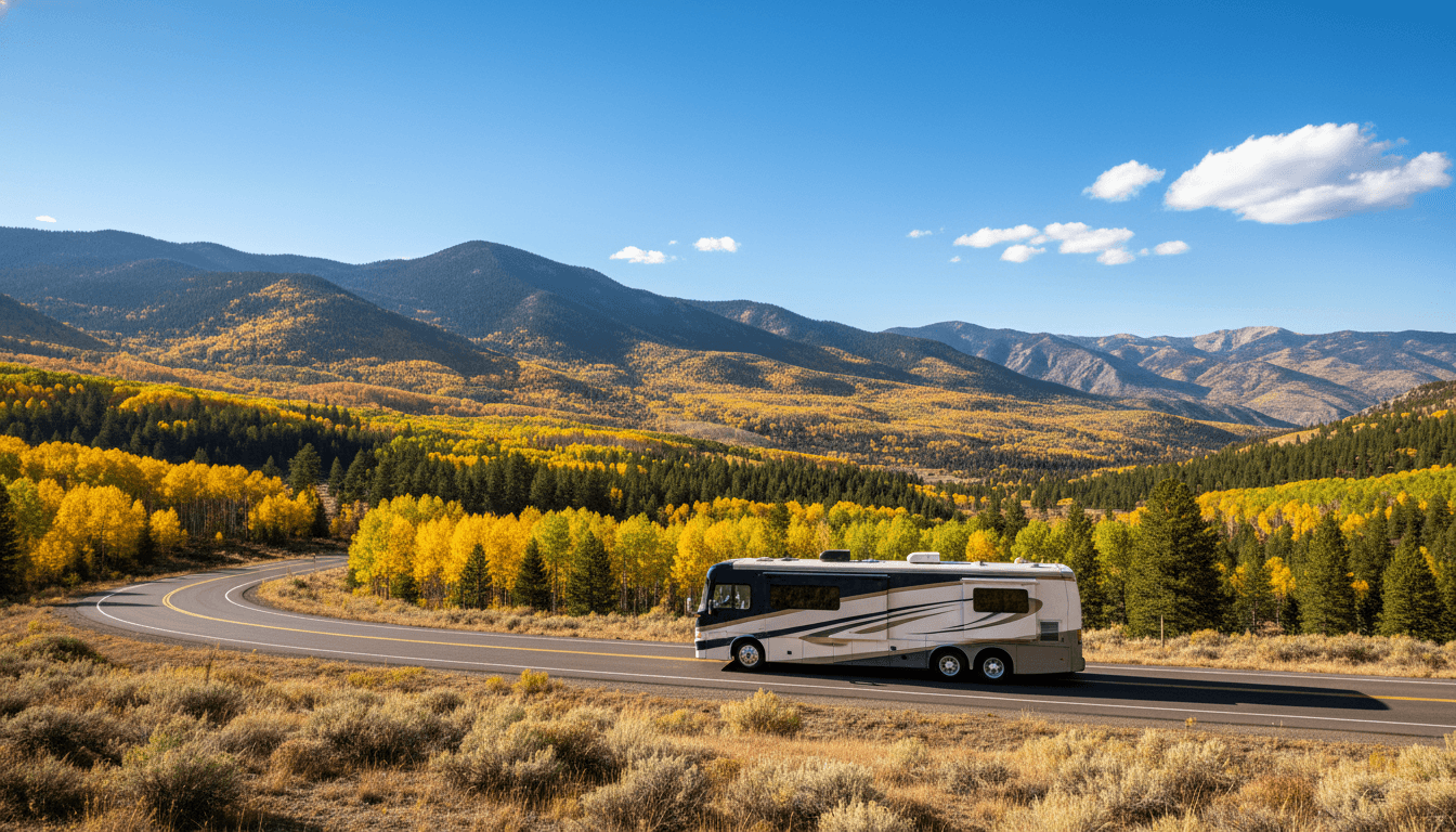 A motorhome traveling through the Wasatch Mountains and high desert of Utah near Heber City, Utah in peak season