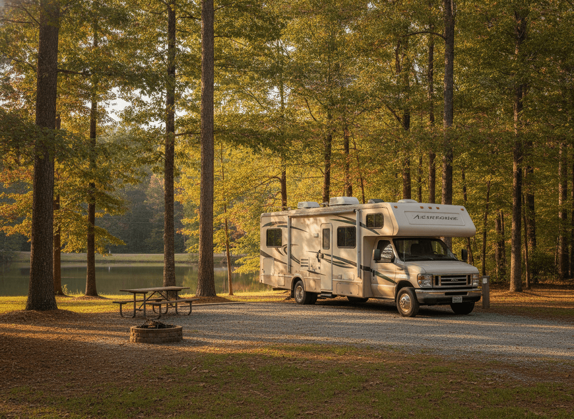 A Class C RV at a campground near Helen, Georgia in the forested Blue Ridge foothills and lakes of north Georgia