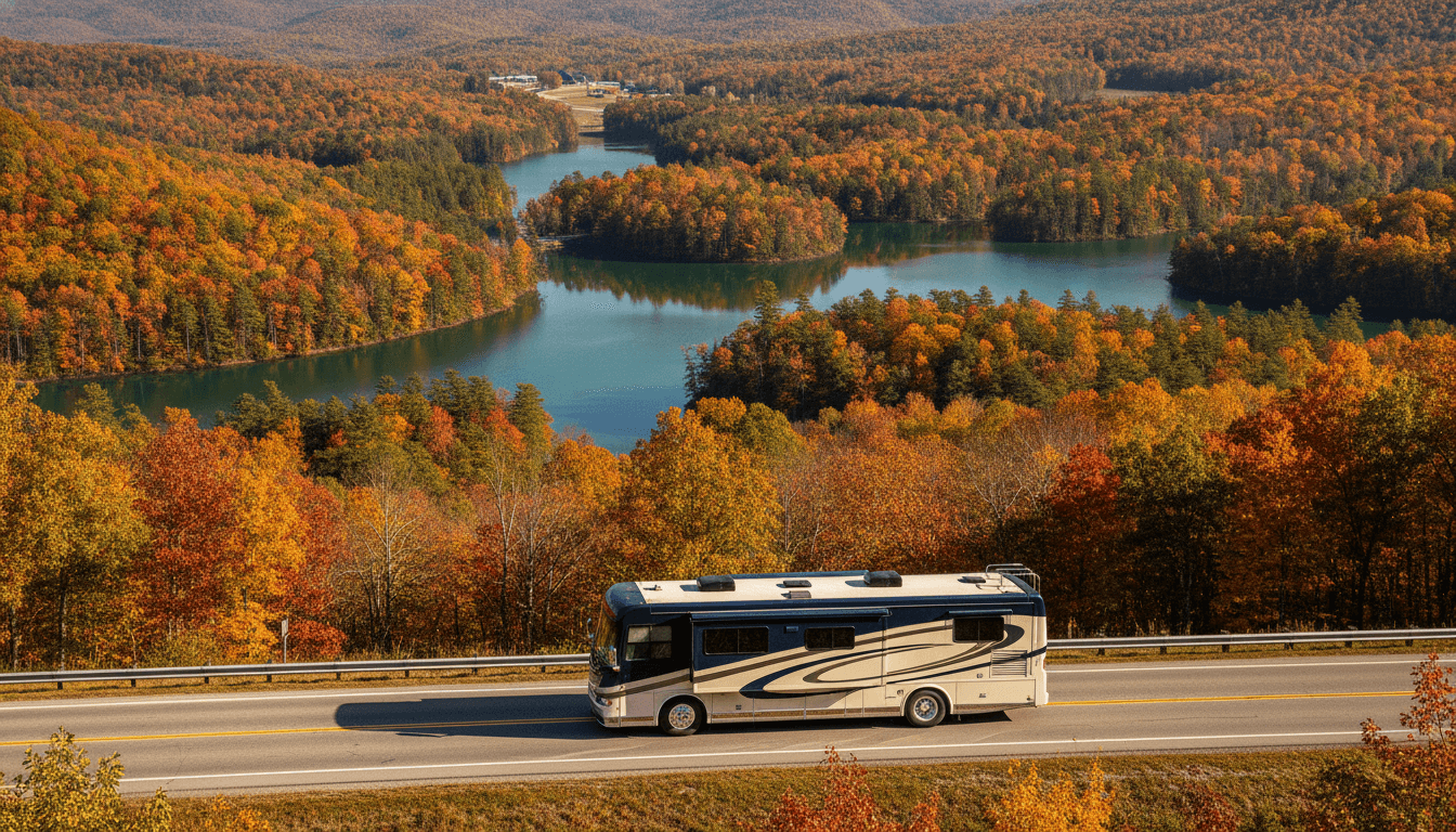 A motorhome traveling through the forested Blue Ridge foothills and lakes of north Georgia near Helen, Georgia in peak season