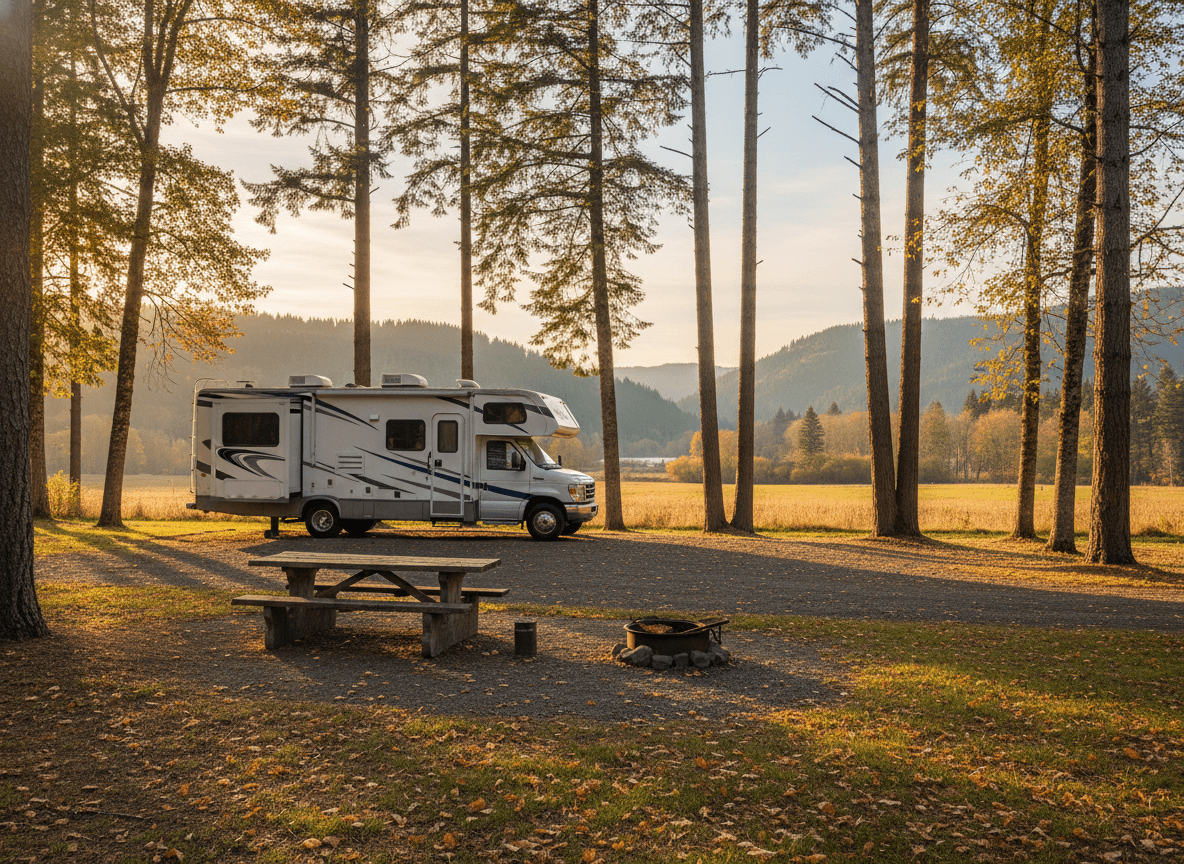 A Class C RV at a campground near Hood River, Oregon in the countryside near Hood River