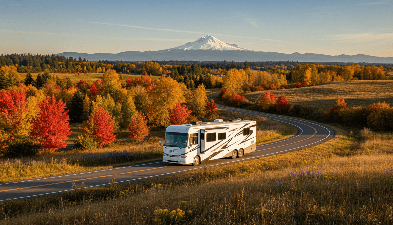 A motorhome traveling through the countryside near Hood River near Hood River, Oregon in peak season