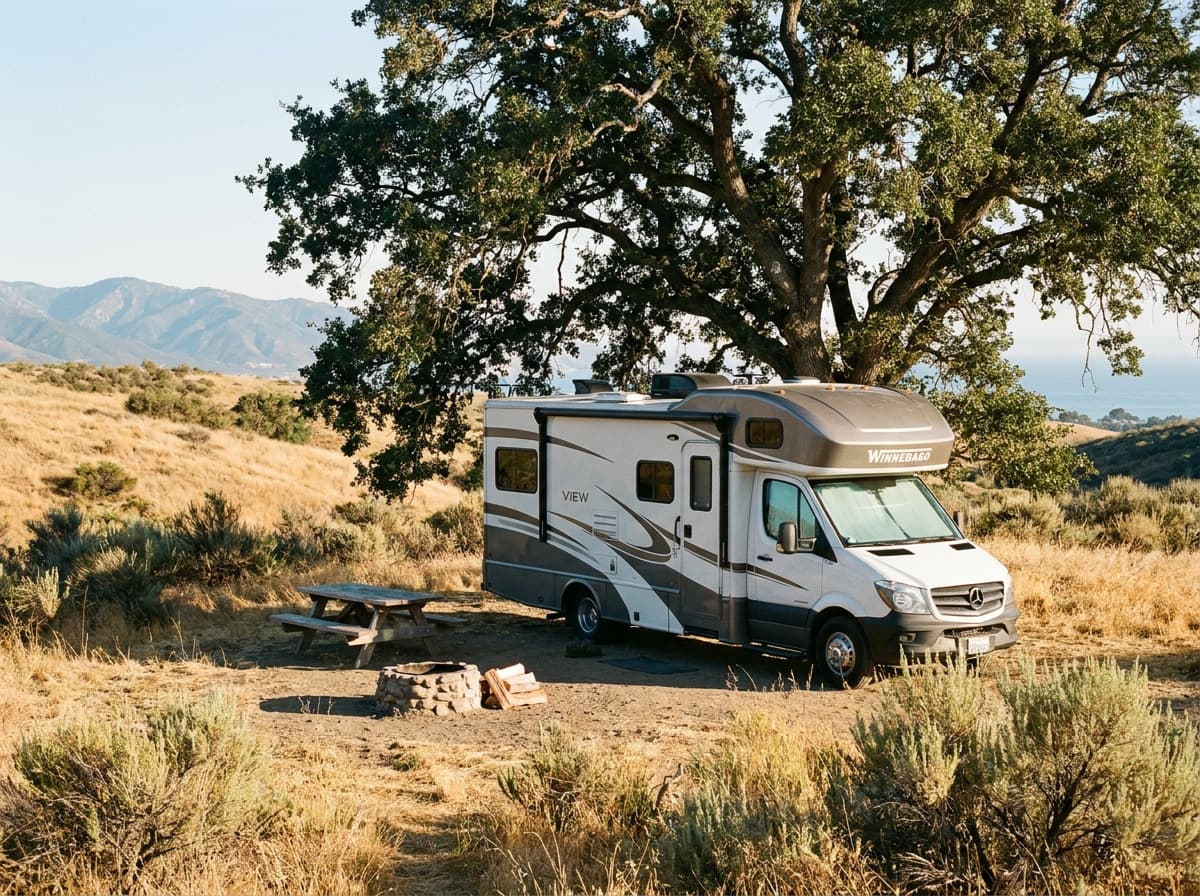 A Class C RV at a campground near Huntington Beach, California in the dry golden hills and distant mountains of California