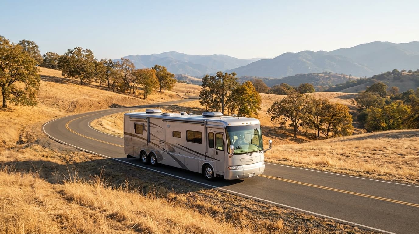 A motorhome traveling through the dry golden hills and distant mountains of California near Huntington Beach, California in peak season