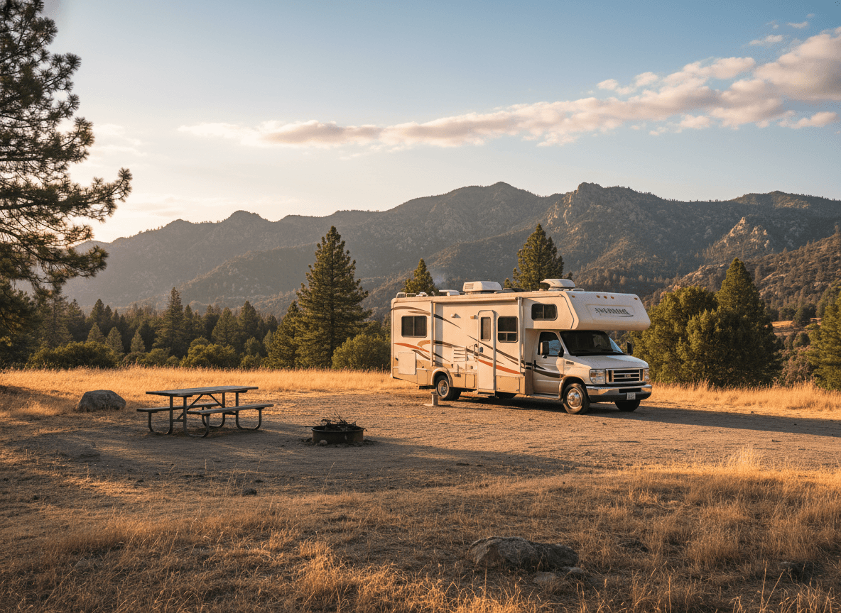 A Class C RV at a campground near Idyllwild, California in the dry golden hills and distant mountains of California