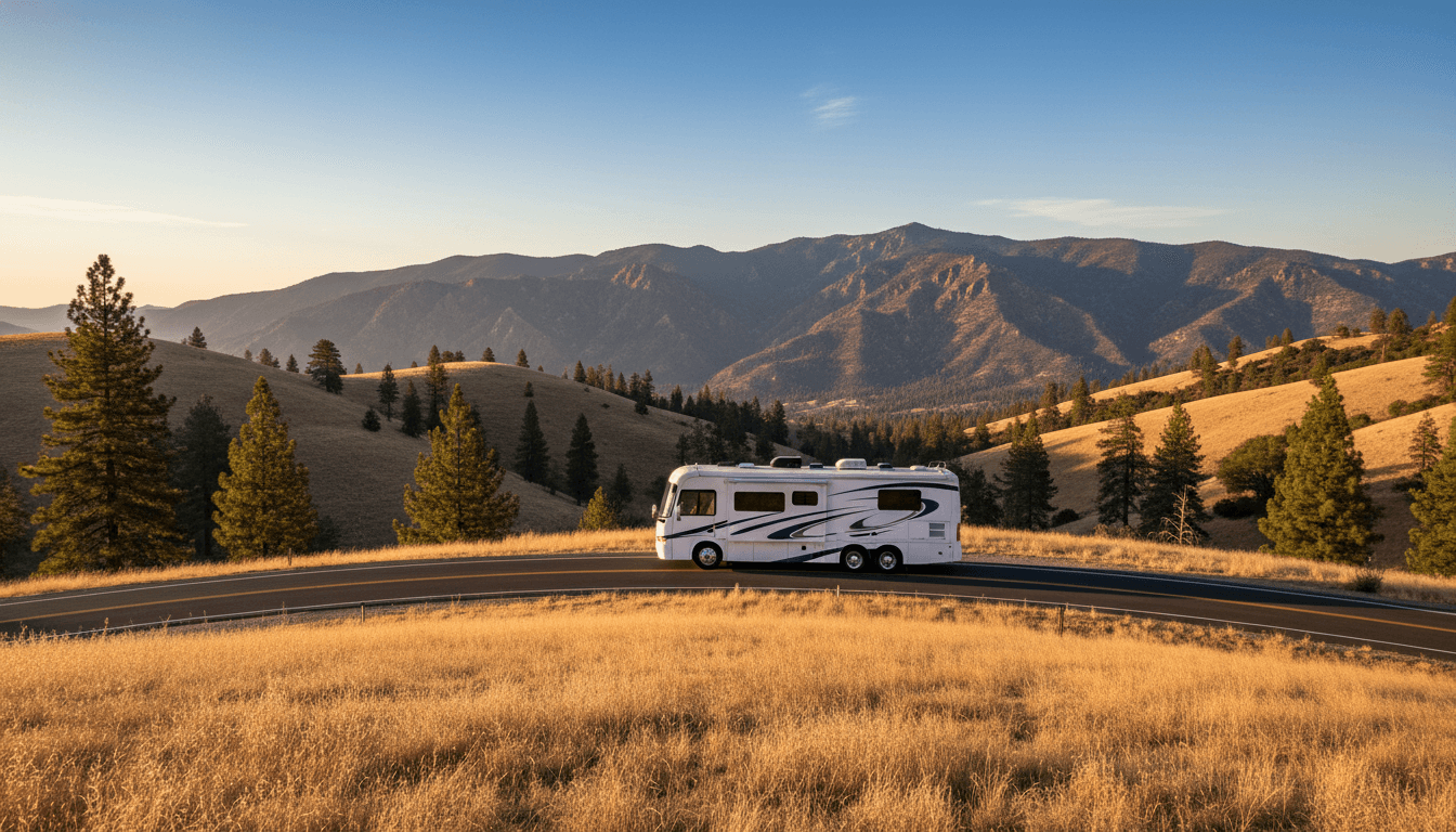 A motorhome traveling through the dry golden hills and distant mountains of California near Idyllwild, California in peak season