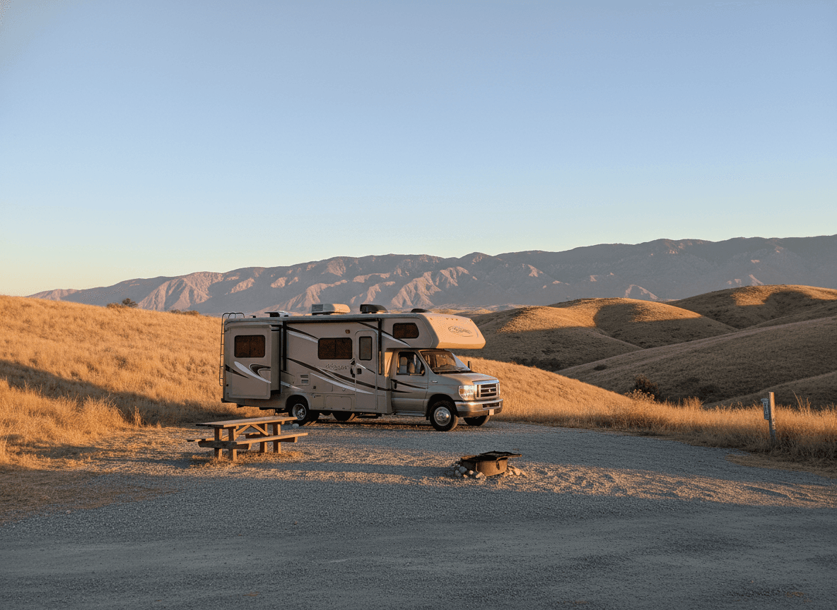 A Class C RV at a campground near Indio, California in the dry golden hills and distant mountains of California