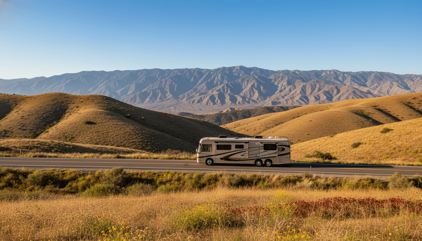 A motorhome traveling through the dry golden hills and distant mountains of California near Indio, California in peak season
