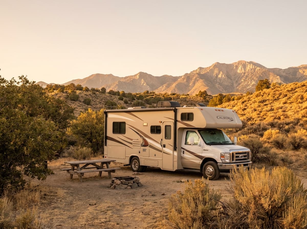 A Class C RV at a campground near Irvine, California in the dry golden hills and distant mountains of California