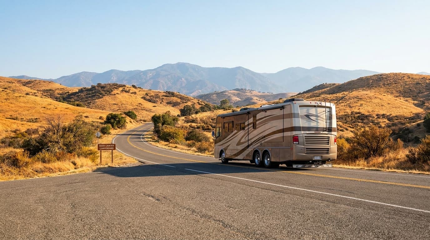 A motorhome traveling through the dry golden hills and distant mountains of California near Irvine, California in peak season