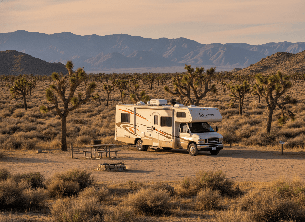 A Class C RV at a campground near Joshua Tree, California in the dry golden hills and distant mountains of California