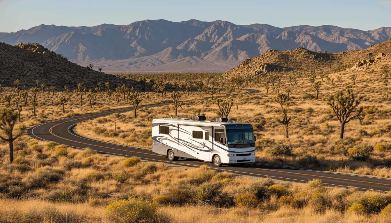 A motorhome traveling through the dry golden hills and distant mountains of California near Joshua Tree, California in peak season