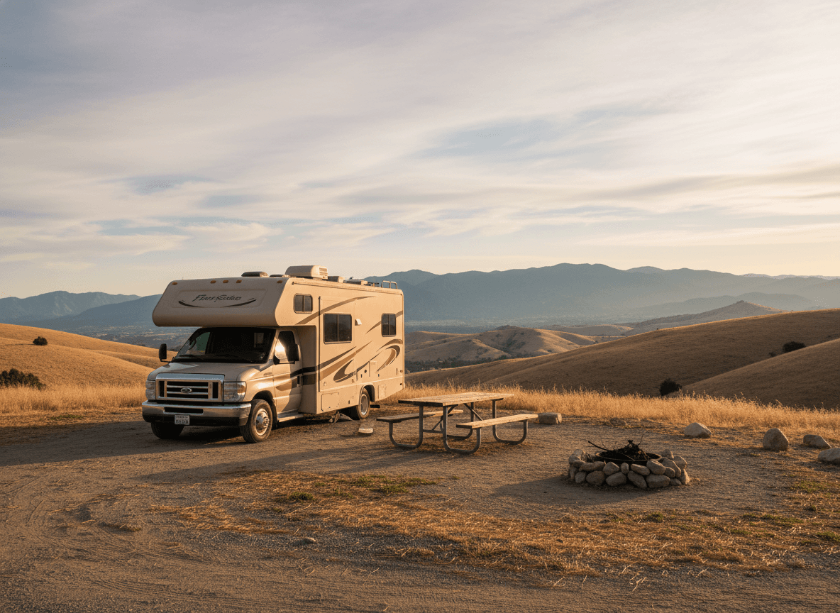 A Class C RV at a campground near Julian, California in the dry golden hills and distant mountains of California