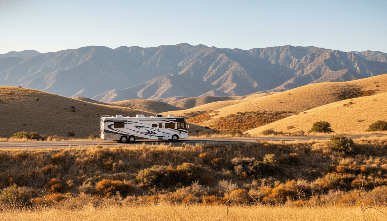 A motorhome traveling through the dry golden hills and distant mountains of California near Julian, California in peak season