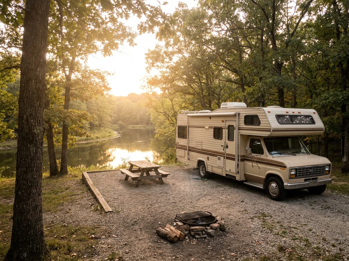 A Class C RV at a campground near Kansas City, Missouri in the rolling wooded hills and lakes of Missouri