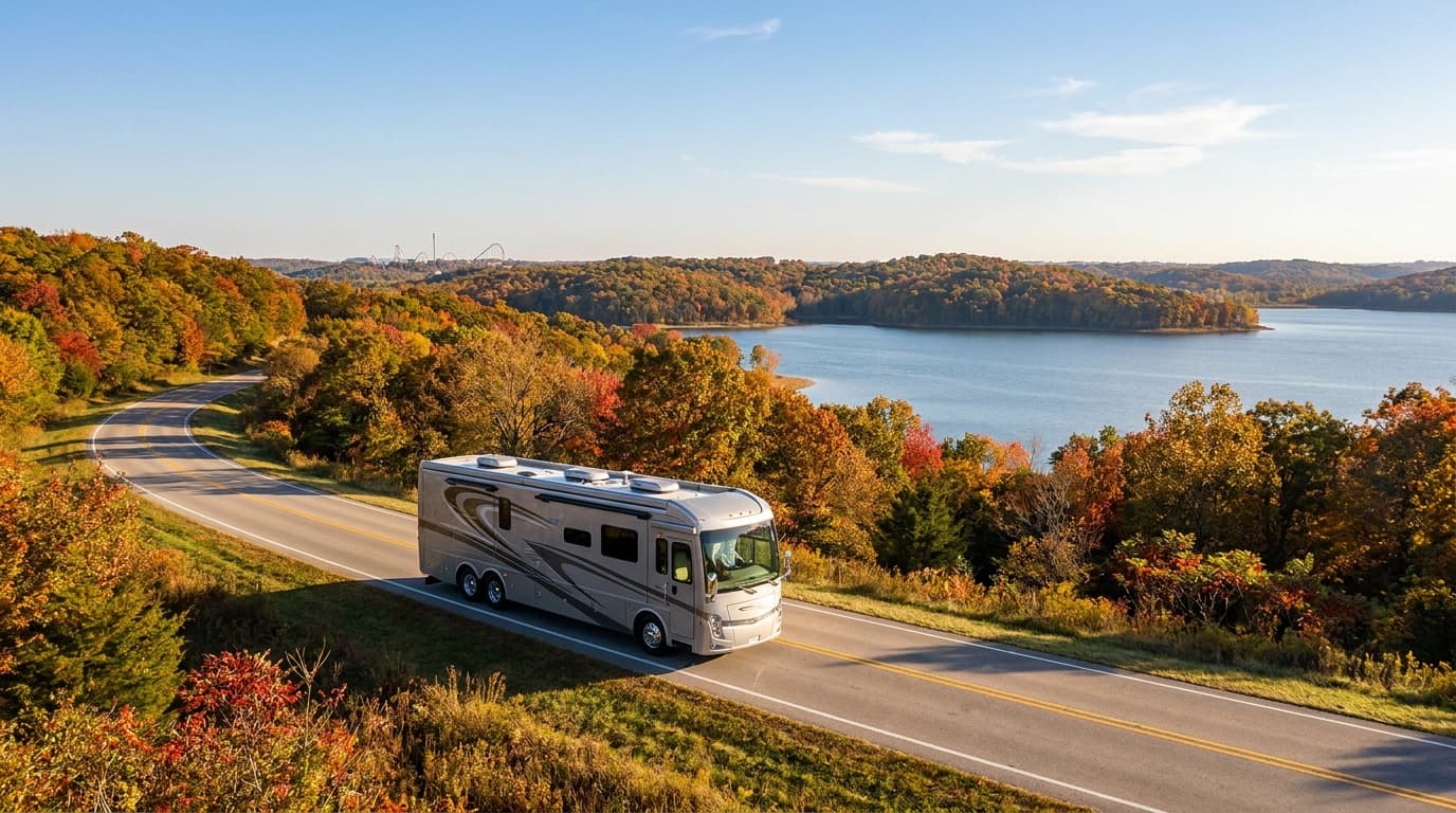 A motorhome traveling through the rolling wooded hills and lakes of Missouri near Kansas City, Missouri in peak season