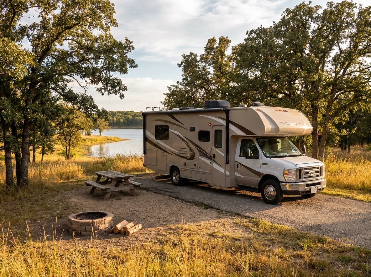 A Class C RV at a campground near Killeen, Texas in the rolling prairie, oak groves and lakes of Texas
