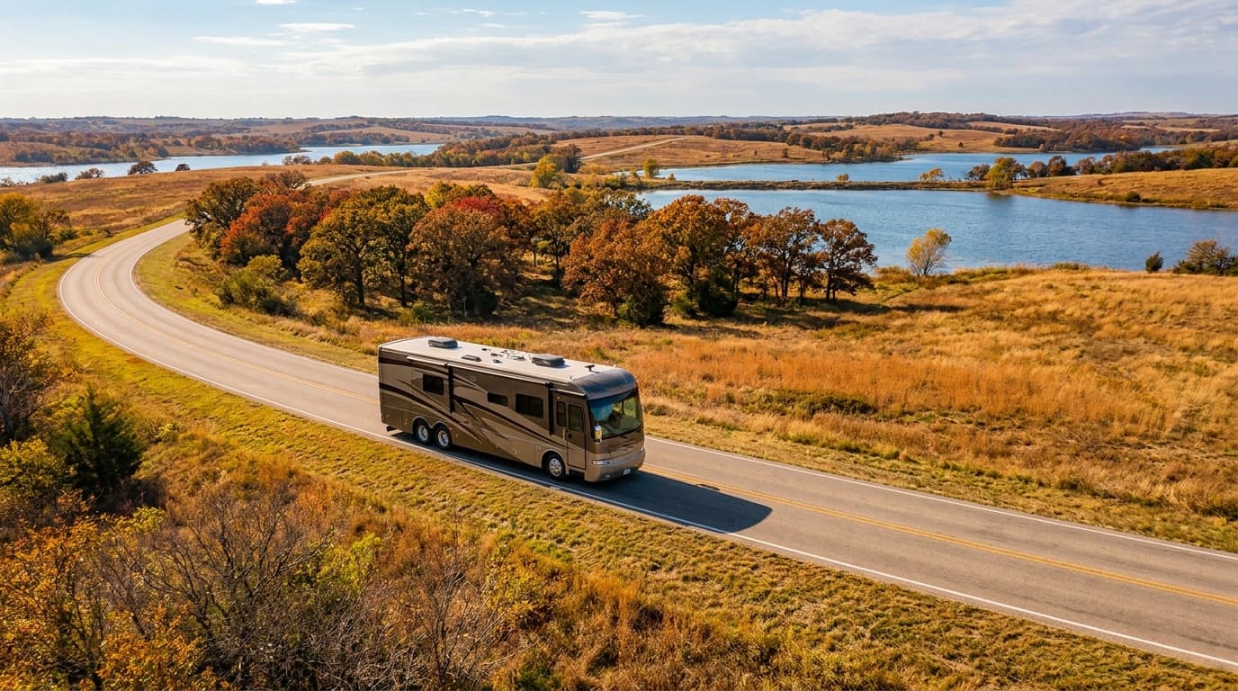 A motorhome traveling through the rolling prairie, oak groves and lakes of Texas near Killeen, Texas in peak season