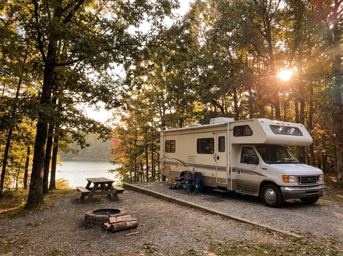 A Class C RV at a campground near Knoxville, Tennessee in the wooded ridges and lakes of East Tennessee