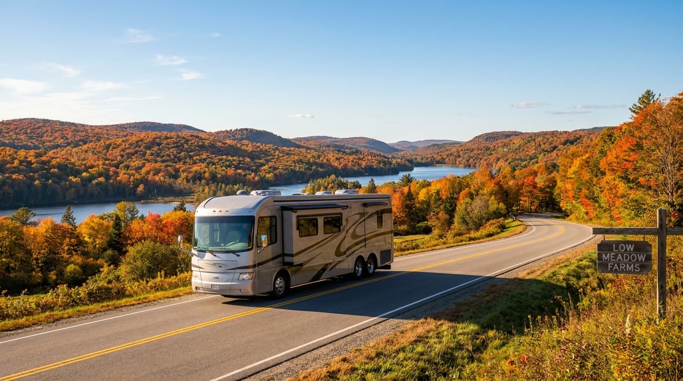 A motorhome traveling through the wooded ridges and lakes of East Tennessee near Knoxville, Tennessee in peak season