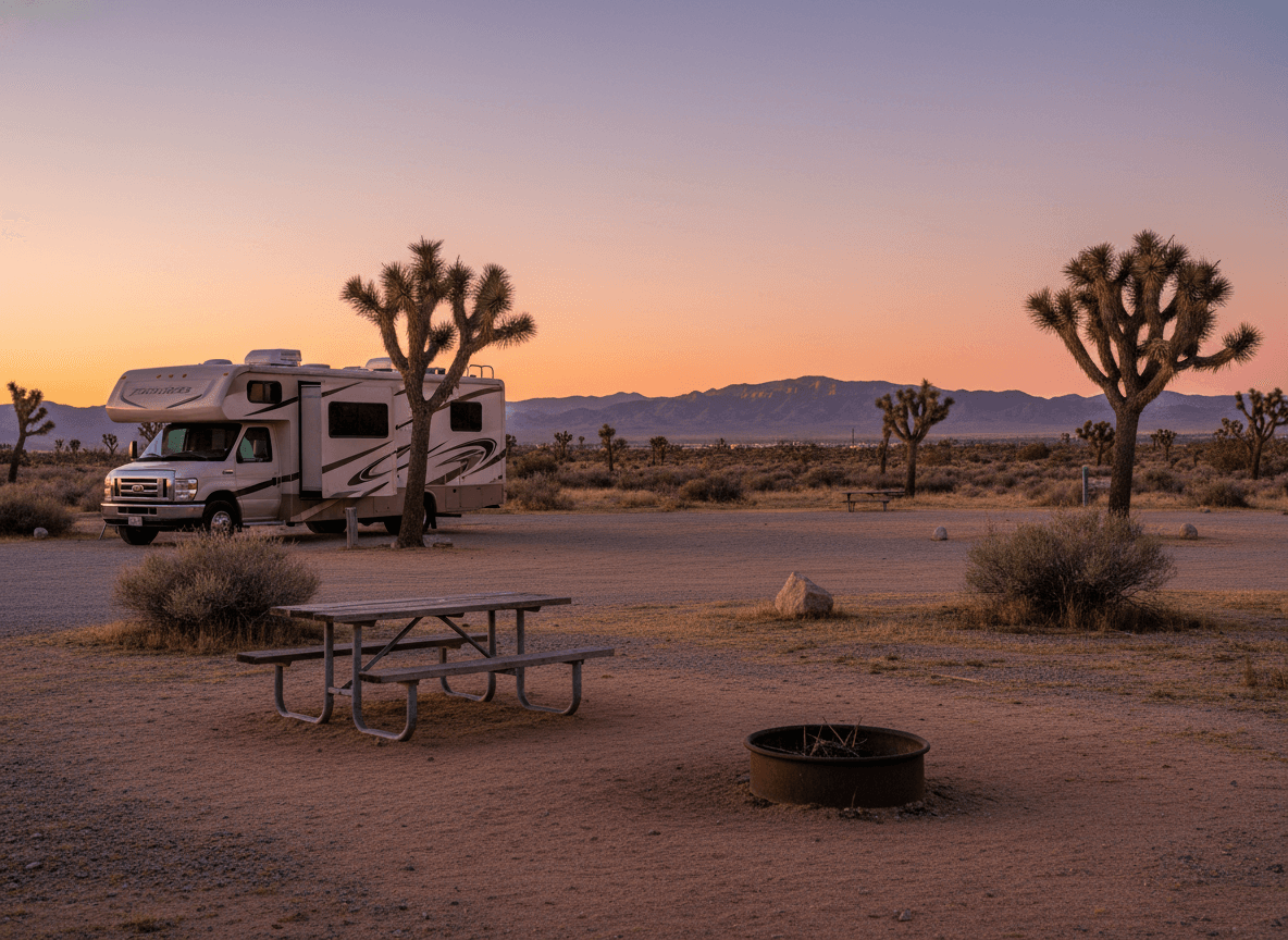 Class C RV at a quiet desert campground near Lancaster, California in the Antelope Valley
