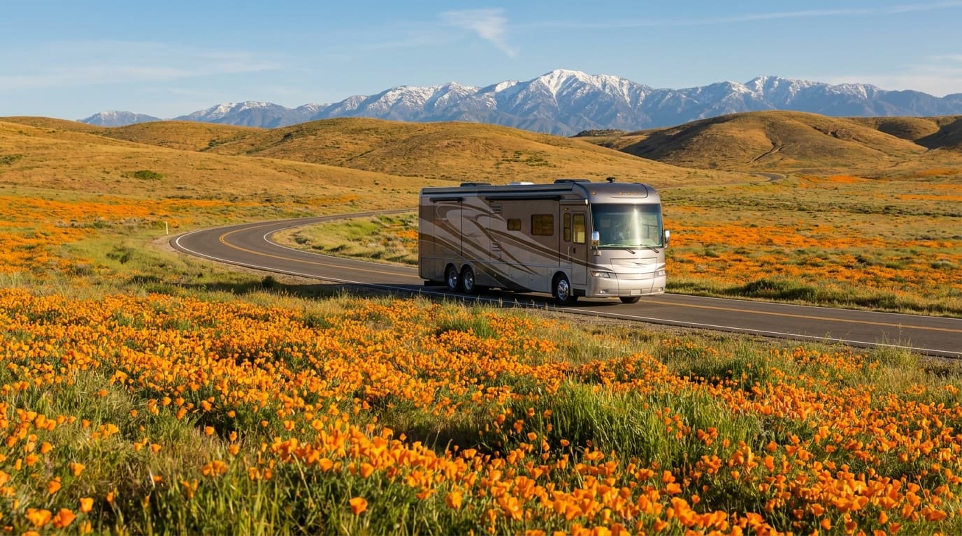 A motorhome on a road through the Antelope Valley near Lancaster, California in spring with California poppies blooming across the hills