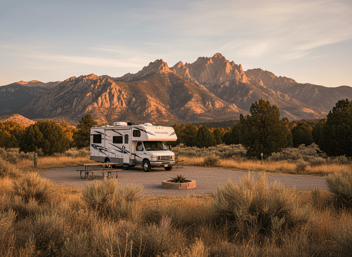A Class C RV at a campground near Layton, Utah in the Wasatch Mountains and high desert of Utah