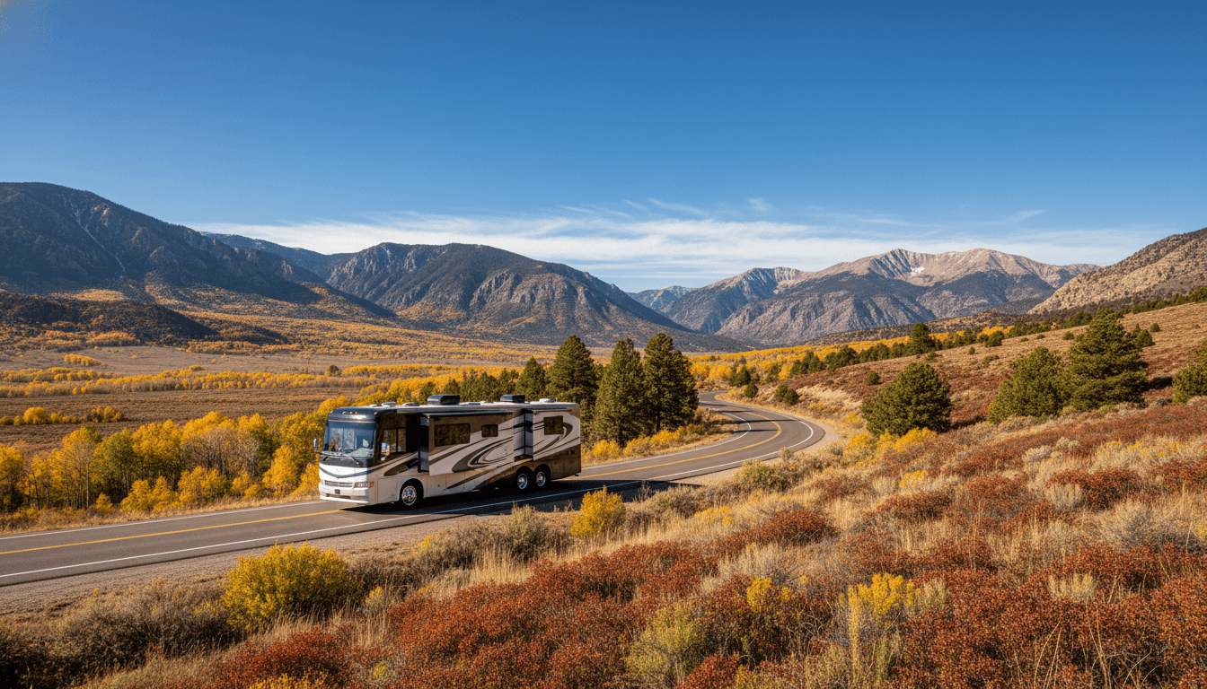 A motorhome traveling through the Wasatch Mountains and high desert of Utah near Layton, Utah in peak season