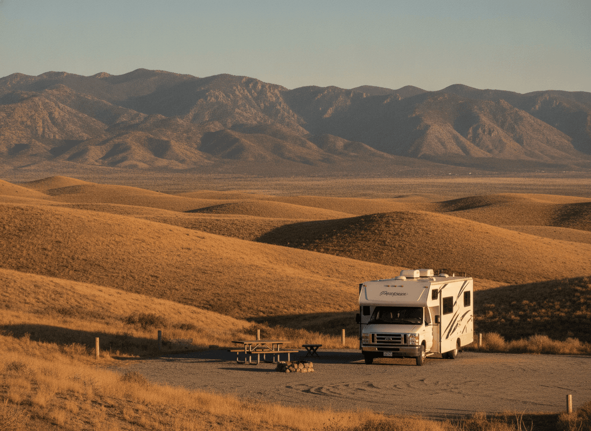A Class C RV at a campground near Lee Vining, California in the dry golden hills and distant mountains of California